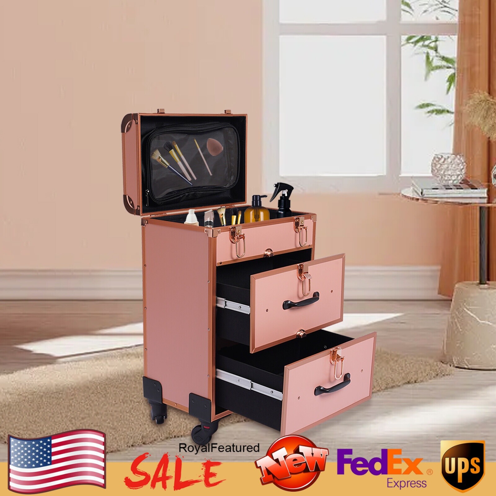 3 Layer Rolling Cosmetic Train Case - Portable Makeup Storage Organizer Trolley  