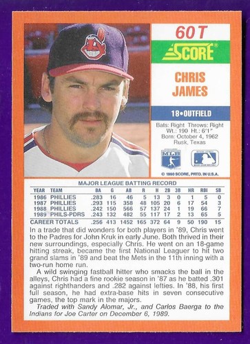 Chris James Cleveland Indians #60T - puntaje negociado casi nuevo-como nuevo 1990 - Imagen 2 de 2