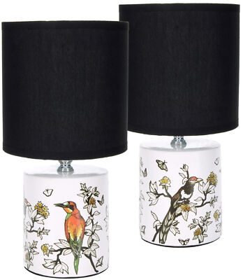 2er Set Tischlampen Vogelmotiv Keramik 30 cm Chinoiserie Stil Schwarz Weiß