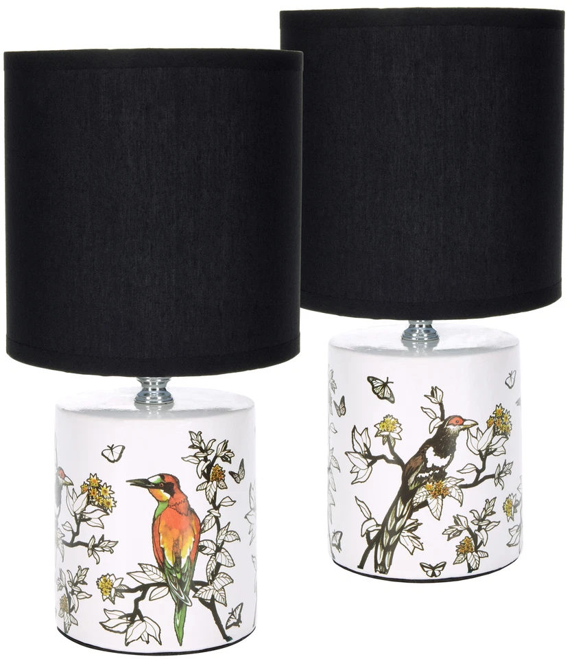 2er Set Tischlampen Vogelmotiv Keramik 30 cm Chinoiserie Stil Schwarz Weiß - Bild 1 von 4