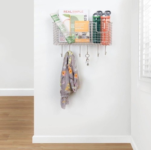 Wall Mounted Metal Key Rack with Storage Basket Hall Kitchen Organiser Silver - Picture 4 of 5