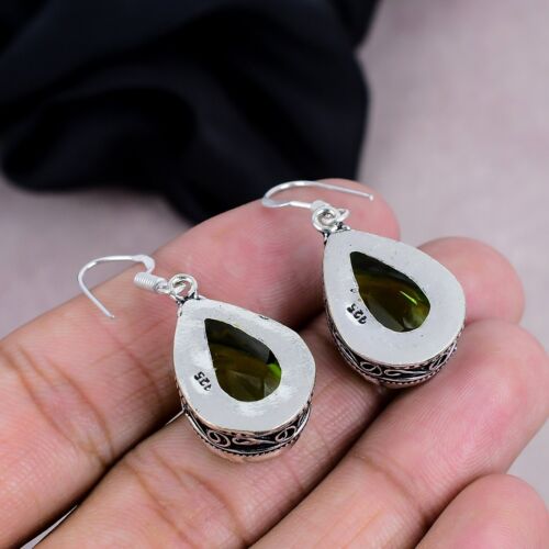 Dainty Peridot Gemstone Dangle Earring 925 Sterling Silver Handmade Jewelry Gift - Picture 4 of 4