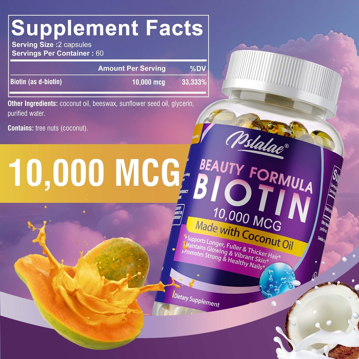 BIOTIN 10,000MCG CAPSULES Max Hair Growth Skin & Nails Support Max