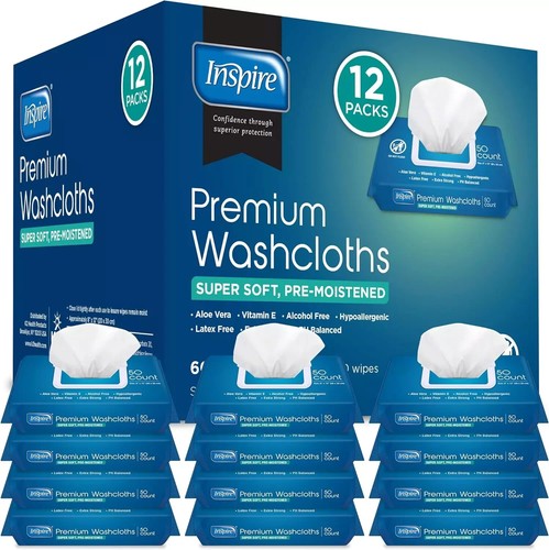 Inspire Adult, Wet Wipes, Adult Wash Cloths, Adult for 600 Count 12 Packs, of 50