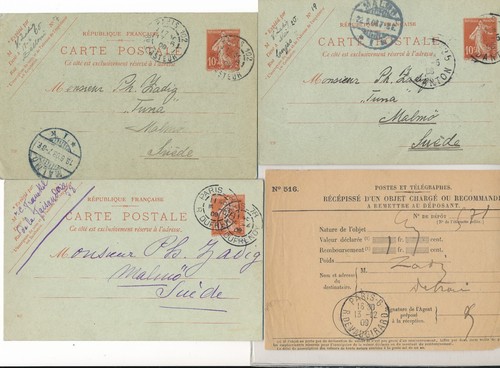 FRANCE - FRANCAISE 1908 - 1909 :- 4 Postal Card, Stationery sendt to Sweden