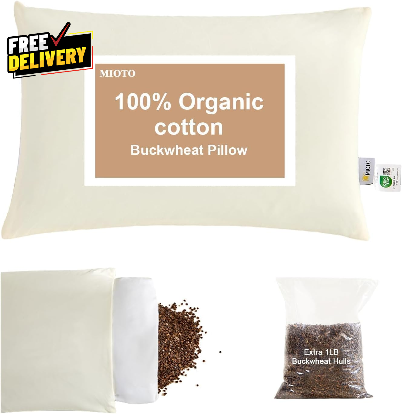Organic Buckwheat Pillow Adjustable Neck Support 14x20…