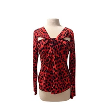 Bold Elements Red Leopard Cutout Long Sleeve Top Size L Twist Front
