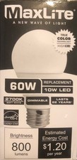 MAXLITE 60W A19 Dimmable 2700K Soft White 800 Lumens 10W