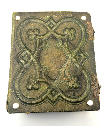 Antique Victorian 1800s Ornate Leather & Brass Photo Album With 39 Photos