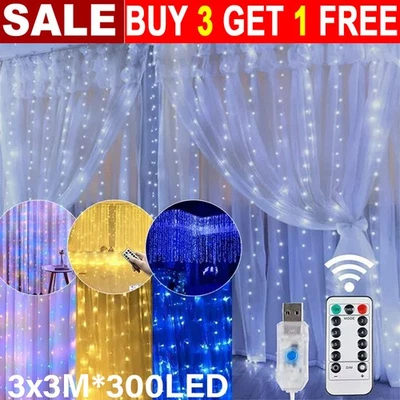 PA 3Mx3M LED Curtain String Fairy Lights In/Outdoor Controller Window XMAS Decor
