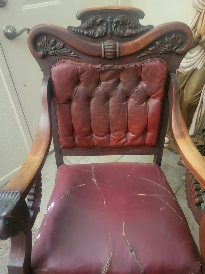 Antique English Estate Leather Rocker Chair 19th Century Carved Vintage Throne - Image 2 of 4