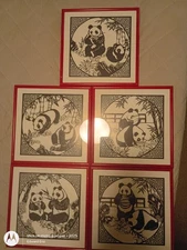 Framed Panda Pictures (5) Black & White w/Red Metal Frame