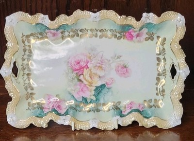 Antique RS Prussia Hand Painted Rose Celery/Dresser Tray Gold Leaf Border 11.5''