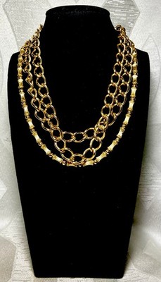Vintage Monet Gold Plated Necklace Lot 2pc Layered Chain Set Chunky Link Bamboo