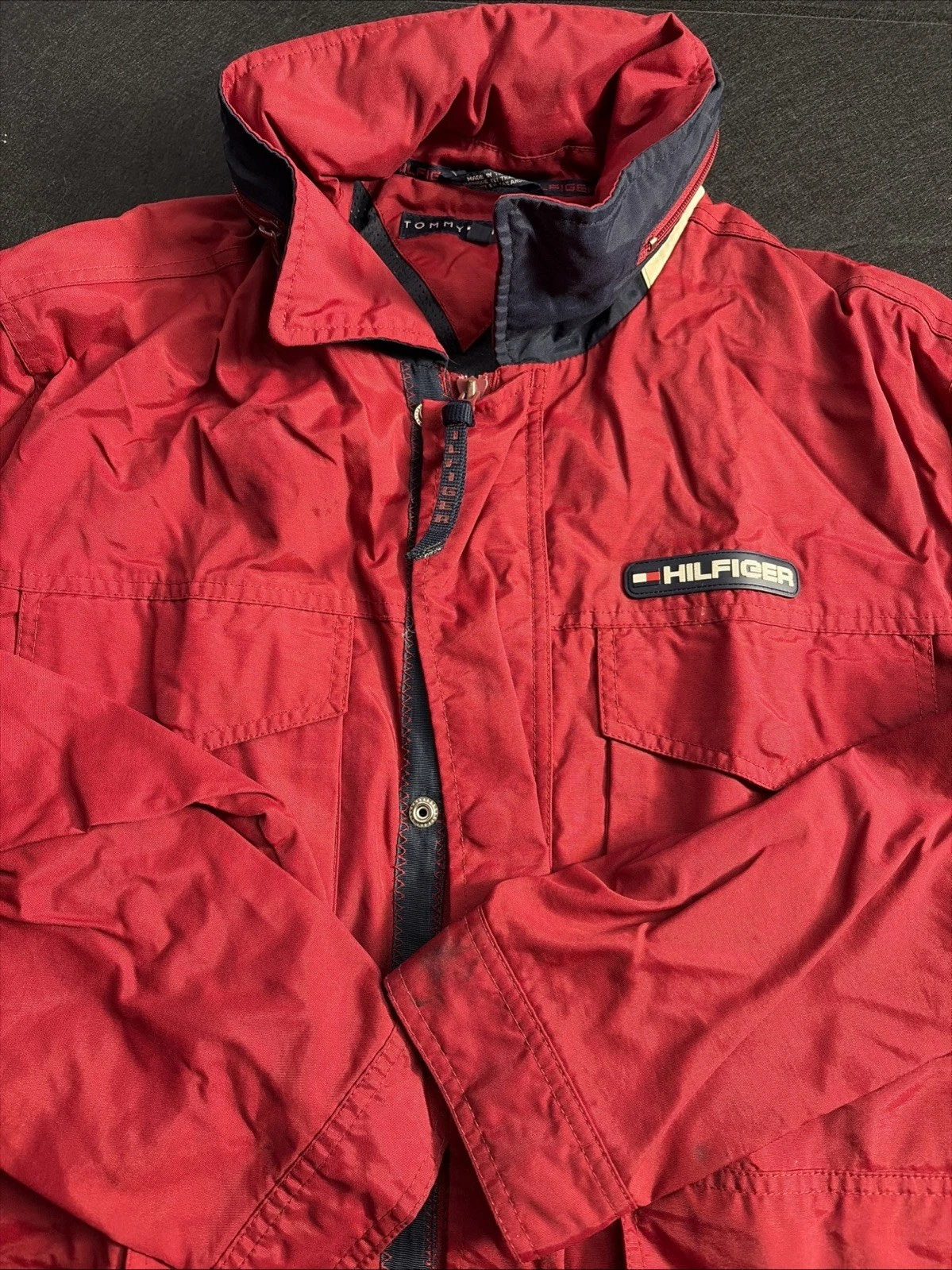 Rare Vtg 90’s Tommy Hilfiger Rain Jacket Men’s Sz Large Full Zip Hooded Red Snow