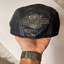 Vintage Harley Davidson Black Leather Flat Cap Hat Size L/XL Made In USA