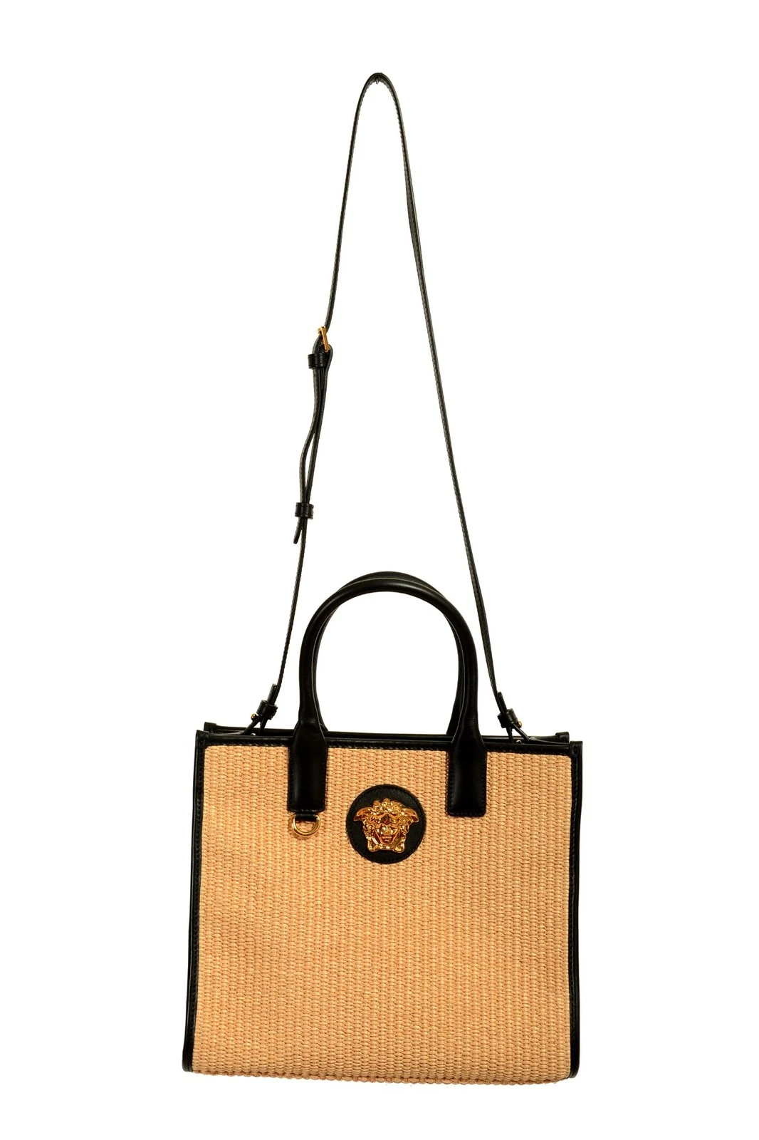 Versace — Versace Barocco Leather Trimmed Gold Medusa Small Tote Handbag Shoulder Bag