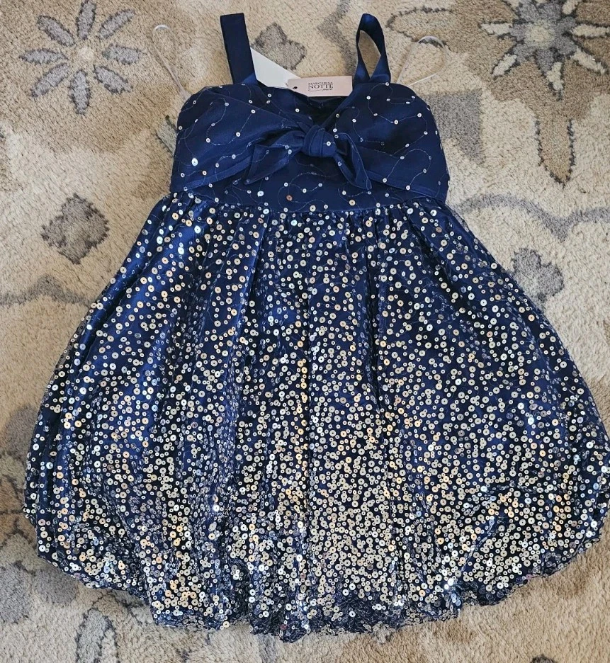 Nuevo con etiquetas Vestido Marchesa Notte Niñas Azul Marino Plateado Forrado Formal EE. UU. $395 Talla 6 Foto 2 de 3