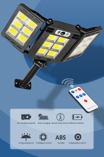LED Solar Street Lights 3 Head Motion Sensor 270 Angle Wide Lighting Wall Lamp - Picture 2 of 26