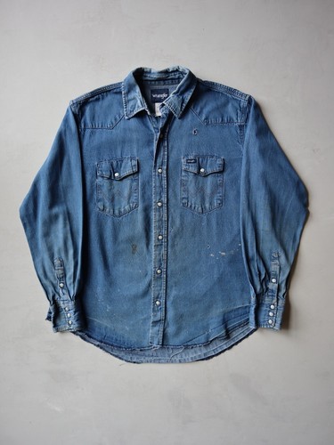 Vintage Wrangler Denim Shirt Pearl Snap Size XL Faded Chambray Western Workwear