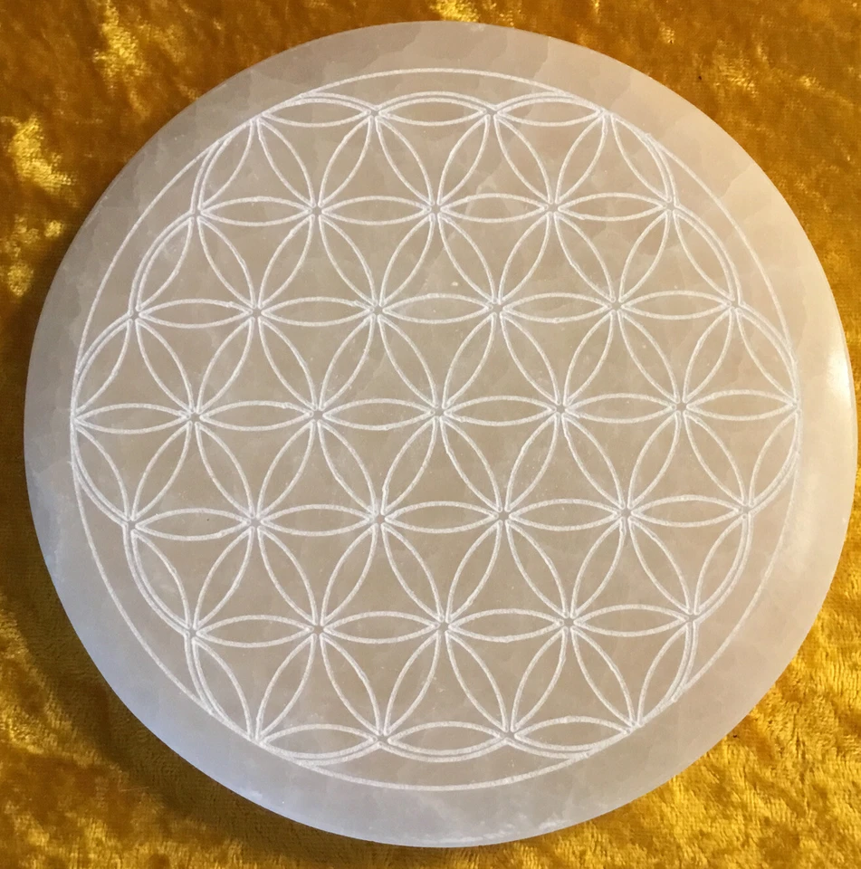 Scheibe Selenit ca 14 cm Gravur Blume des Lebens Rarität - Bild 2 von 2