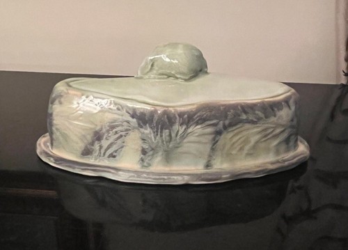 Handcrafted Butter Dish ceramic green white cabbage decor by Burk - Picture 4 of 10