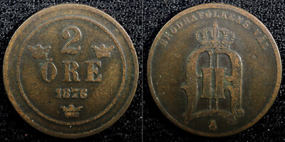 Sweden Oscar II Copper 1876/5  2 Ore OVERDATE SCARCE KM# 735   (23 117)