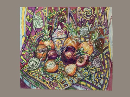 Original painting “Onions” 22” x 26” Framed. Single piece. Signed. Watercolor. - Picture 3 of 9