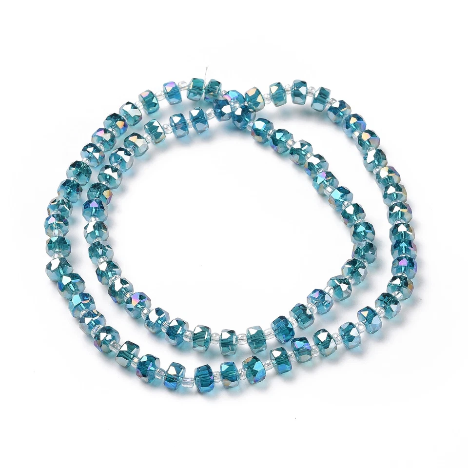 Cuentas de vidrio transparente electrochapado facetado Rondelle color AB de 10 hebras 8x4,5 mm Foto 3 de 4