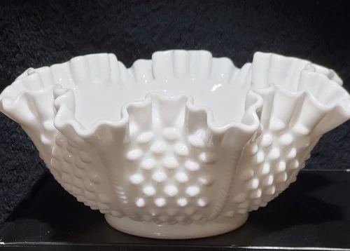 Vintage White Hobnail Milk Glass Ruffled Edge Bowl Large Dish