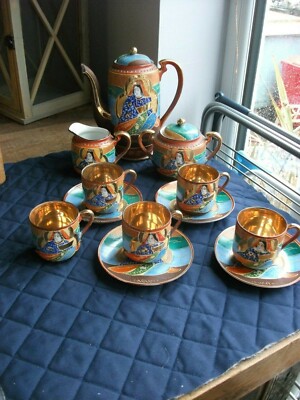 Antique Japanese Tea Set Satsuma Moriage Set Hand Painted
