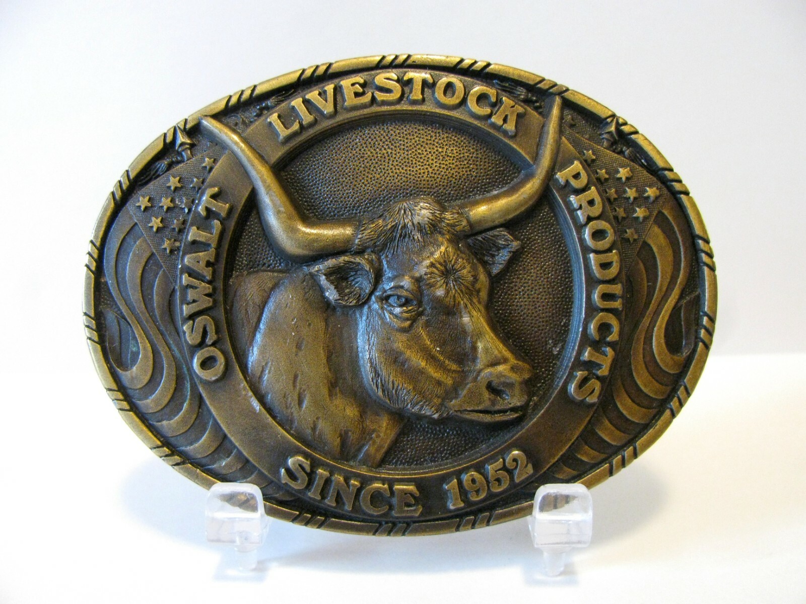 Oswalt Livestock Products Texas Longhorn Cow Cattle Brass Belt Buckle