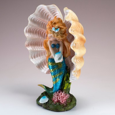 Blue Mermaid Girl In Clam Shell Holding Seashell Figurine 6.75