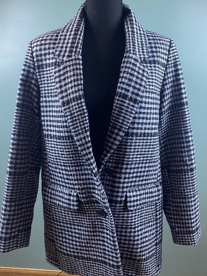 Abrigo de vestir para mujer talla mediana negro gris pata de gallo bolsillos con botones Foto 2 de 4