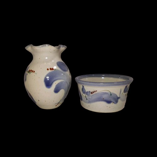 Arkansas Studio Keramik 1 Vase 1 Übertopf passendes Muster blauer Rand signiert Stempel - Bild 4 von 12