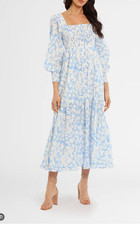 New Rixo YAS BLUE PALM SHIRRED MAXI DRESS Sz XL
