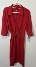 Tahari Arthur S Levine Red V Neck Collared Midi Dress Size 16 $139