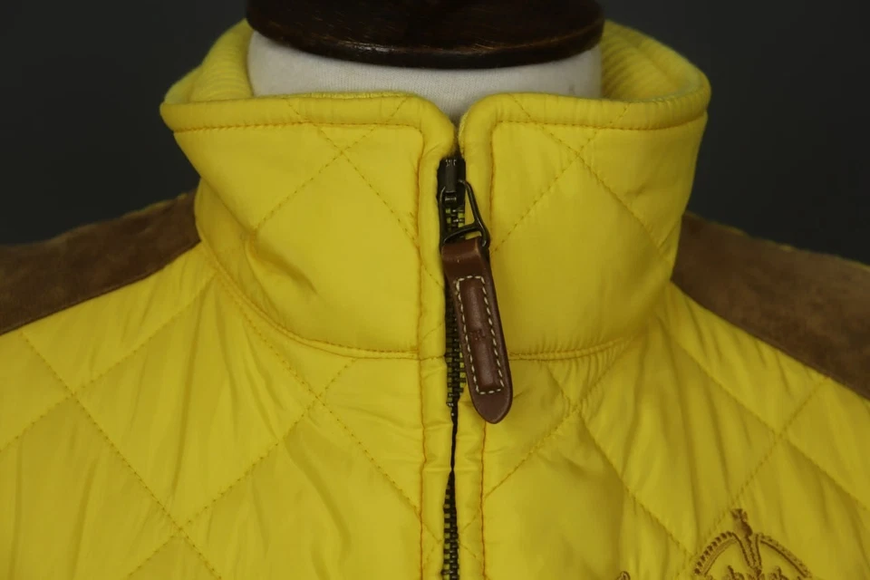 Chaleco acolchado Ralph Lauren deportivo amarillo bordado logotipo cuello falso cremallera completa talla M Foto 3 de 4