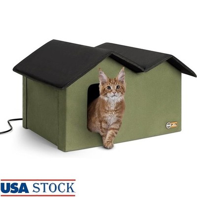 Heated Outdoor Cat Shelter W/ Insulated Weatherproof Multiple Cats House 2 Doors