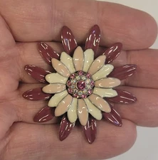 Vintage Pink White Plum Enamel Petals Flower And Rhinestones Center Brooch Pin
