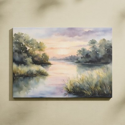 Sunset Lake Canvas Great Lakes Watercolor Michigan Landscape Wall Art Decor