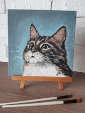 Majestic Brown Tabby Cat Portrait Original Oil Painting  Pet Lover Gift 8 by 8 .
