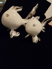 Large Pair of Vintage Porcelain Fish Figurines – 13" & 17" – Silver & Rhinestone