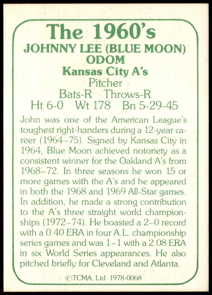 Johnny Odom 1978 TCMA The 1960's I #0068 Kansas City Athletics - Image 2 of 2