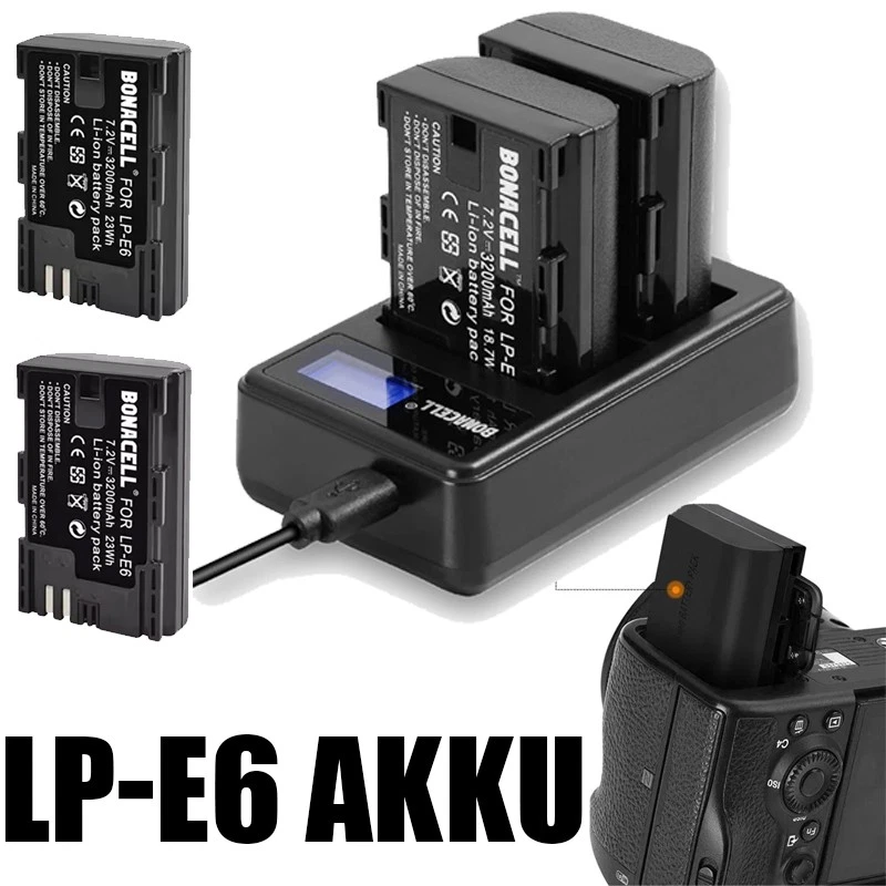 2-4X 3200mAh Akku + LED Dual Ladegerät für Canon LP-E6 LP-E6N EOS 5DS 6D 7D DHL