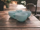 Hazel Atlas Vintage Crinoline Ripple Turquoise One Handle Tea Cup Set of 4