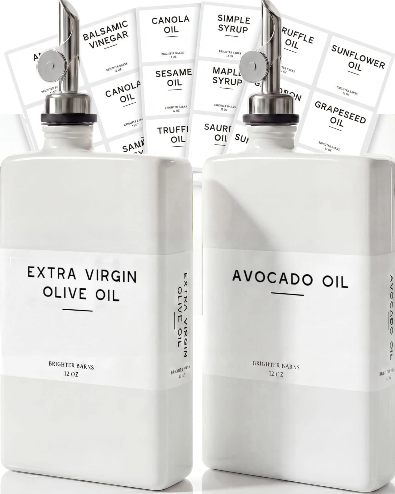 Luxury Glass Olive Oil Dispenser Bottle for Kitchen 12 Ounces, White/Silver