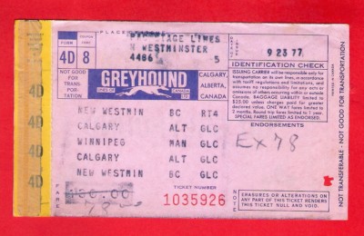 Greyhound Lines of Canada ~ Busticket - New Westminster nach Winnipeg - 1977
