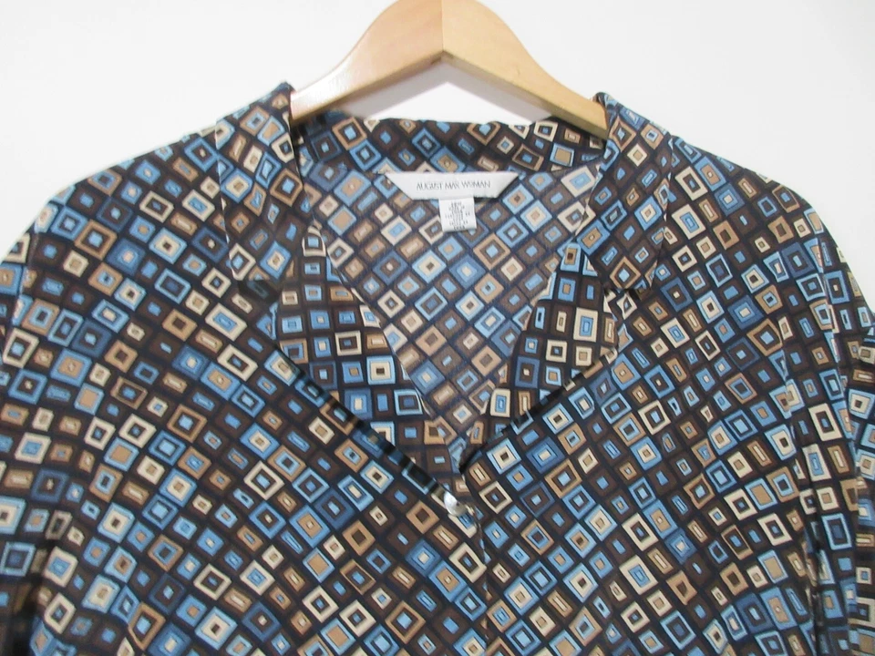 Blusa Camisa Talla 26W August Max Mujer Seda Manga Larga Geométrica Marrón Azul Top Foto 3 de 4
