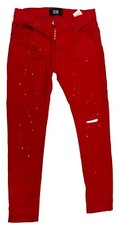 MEN JEANS DESIGNER RED JEANS FRAYED STRETCH DISTRESSED RIPPED 